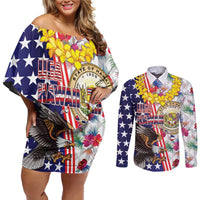 Hawaii and United States Together Couples Matching Off Shoulder Short Dress and Long Sleeve Button Shirt Seal of Hawaii and Bald Eagle LT03 White - Polynesian Pride
