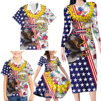 Hawaii and United States Together Family Matching Long Sleeve Bodycon Dress and Hawaiian Shirt Seal of Hawaii and Bald Eagle LT03 - Polynesian Pride