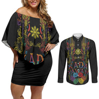 Philippines Kadayawan Festival Couples Matching Off Shoulder Short Dress and Long Sleeve Button Shirt Polynesian Tribal Art Barong Style LT03 Black - Polynesian Pride