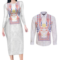 Philippines Barong Style Couples Matching Long Sleeve Bodycon Dress and Long Sleeve Button Shirt Polynesian Kakau Art Tattoos with Tribal Filipino Sun LT03 White - Polynesian Pride