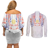 Philippines Barong Style Couples Matching Off Shoulder Short Dress and Long Sleeve Button Shirt Polynesian Kakau Art Tattoos with Tribal Filipino Sun