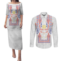 Philippines Barong Style Couples Matching Puletasi and Long Sleeve Button Shirt Polynesian Kakau Art Tattoos with Tribal Filipino Sun LT03 White - Polynesian Pride