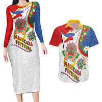 Philippines MassKara Festival Couples Matching Long Sleeve Bodycon Dress and Hawaiian Shirt Smile Masks with Hawaiian Art Pattern and Tropical Plants LT03 Multicolor - Polynesian Pride