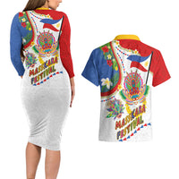 Philippines MassKara Festival Couples Matching Long Sleeve Bodycon Dress and Hawaiian Shirt Smile Masks with Hawaiian Art Pattern and Tropical Plants LT03 - Polynesian Pride