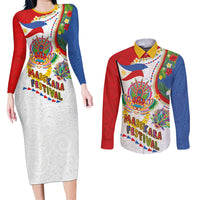 Philippines MassKara Festival Couples Matching Long Sleeve Bodycon Dress and Long Sleeve Button Shirt Smile Masks with Hawaiian Art Pattern and Tropical Plants