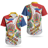 Philippines MassKara Festival Couples Matching Off The Shoulder Long Sleeve Dress and Hawaiian Shirt Smile Masks with Hawaiian Art Pattern and Tropical Plants LT03 - Polynesian Pride