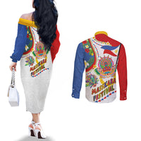 Philippines MassKara Festival Couples Matching Off The Shoulder Long Sleeve Dress and Long Sleeve Button Shirt Smile Masks with Hawaiian Art Pattern and Tropical Plants