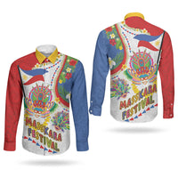 Philippines MassKara Festival Couples Matching Puletasi and Long Sleeve Button Shirt Smile Masks with Hawaiian Art Pattern and Tropical Plants LT03 - Polynesian Pride