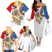 Philippines MassKara Festival Family Matching Off The Shoulder Long Sleeve Dress and Hawaiian Shirt Smile Masks with Hawaiian Art Pattern and Tropical Plants LT03 - Polynesian Pride