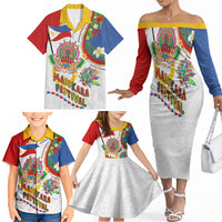 Philippines MassKara Festival Family Matching Off The Shoulder Long Sleeve Dress and Hawaiian Shirt Smile Masks with Hawaiian Art Pattern and Tropical Plants LT03 - Polynesian Pride