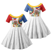 Philippines MassKara Festival Family Matching Off The Shoulder Long Sleeve Dress and Hawaiian Shirt Smile Masks with Hawaiian Art Pattern and Tropical Plants LT03 Daughter's Dress Multicolor - Polynesian Pride