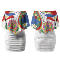 Philippines MassKara Festival Family Matching Off Shoulder Short Dress and Hawaiian Shirt Smile Masks with Hawaiian Art Pattern and Tropical Plants LT03 Mom's Dress Multicolor - Polynesian Pride