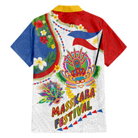 Philippines MassKara Festival Family Matching Off Shoulder Short Dress and Hawaiian Shirt Smile Masks with Hawaiian Art Pattern and Tropical Plants LT03 Dad's Shirt - Long Sleeve Multicolor - Polynesian Pride