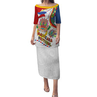 Philippines MassKara Festival Family Matching Puletasi and Hawaiian Shirt Smile Masks with Hawaiian Art Pattern and Tropical Plants LT03 Mom's Dress Multicolor - Polynesian Pride