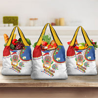 Philippines MassKara Festival Grocery Bag Smile Masks with Hawaiian Art Pattern and Tropical Plants