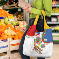 Philippines MassKara Festival Grocery Bag Smile Masks with Hawaiian Art Pattern and Tropical Plants
