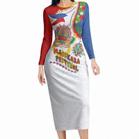 Philippines MassKara Festival Long Sleeve Bodycon Dress Smile Masks with Hawaiian Art Pattern and Tropical Plants LT03 Long Dress Multicolor - Polynesian Pride