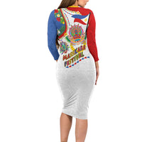 Philippines MassKara Festival Long Sleeve Bodycon Dress Smile Masks with Hawaiian Art Pattern and Tropical Plants LT03 - Polynesian Pride