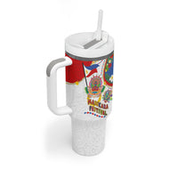 Philippines MassKara Festival Tumbler With Handle Smile Masks with Hawaiian Art Pattern and Tropical Plants