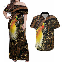 Papua New Guinea and Indonesia Batik Couples Matching Off Shoulder Maxi Dress and Hawaiian Shirt Bird of Paradise with Tribal Batik Patterns LT03 Multicolor - Polynesian Pride
