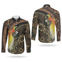 Papua New Guinea and Indonesia Batik Couples Matching Off Shoulder Short Dress and Long Sleeve Button Shirt Bird of Paradise with Tribal Batik Patterns LT03 - Polynesian Pride