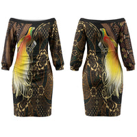 Papua New Guinea and Indonesia Batik Couples Matching Off The Shoulder Long Sleeve Dress and Hawaiian Shirt Bird of Paradise with Tribal Batik Patterns LT03 - Polynesian Pride