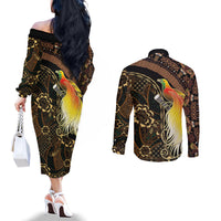 Papua New Guinea and Indonesia Batik Couples Matching Off The Shoulder Long Sleeve Dress and Long Sleeve Button Shirt Bird of Paradise with Tribal Batik Patterns LT03 - Polynesian Pride