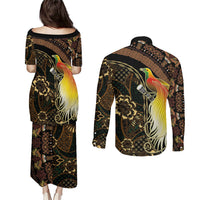 Papua New Guinea and Indonesia Batik Couples Matching Puletasi and Long Sleeve Button Shirt Bird of Paradise with Tribal Batik Patterns