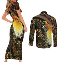 Papua New Guinea and Indonesia Batik Couples Matching Short Sleeve Bodycon Dress and Long Sleeve Button Shirt Bird of Paradise with Tribal Batik Patterns LT03 - Polynesian Pride