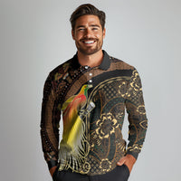Papua New Guinea and Indonesia Batik Long Sleeve Polo Shirt Bird of Paradise with Tribal Batik Patterns