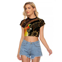 Papua New Guinea and Indonesia Batik Raglan Cropped T Shirt Bird of Paradise with Tribal Batik Patterns