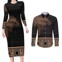 Fiji Palm Leaves Couples Matching Long Sleeve Bodycon Dress and Long Sleeve Button Shirt Masi and Tapa Tribal Pattern Beige Color LT03 Beige - Polynesian Pride