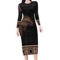 Fiji Palm Leaves Family Matching Long Sleeve Bodycon Dress and Hawaiian Shirt Masi and Tapa Tribal Pattern Beige Color LT03 Mom's Dress Beige - Polynesian Pride
