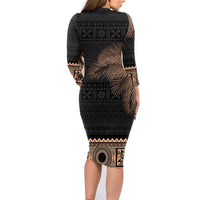 Fiji Palm Leaves Family Matching Long Sleeve Bodycon Dress and Hawaiian Shirt Masi and Tapa Tribal Pattern Beige Color LT03 - Polynesian Pride