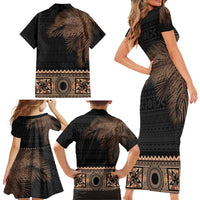 Fiji Palm Leaves Family Matching Short Sleeve Bodycon Dress and Hawaiian Shirt Masi and Tapa Tribal Pattern Beige Color LT03 - Polynesian Pride