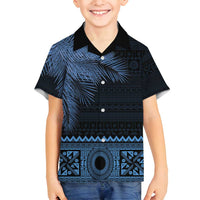 Fiji Palm Leaves Family Matching Long Sleeve Bodycon Dress and Hawaiian Shirt Masi and Tapa Tribal Pattern Blue Color LT03 Son's Shirt Blue - Polynesian Pride