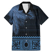 Fiji Palm Leaves Family Matching Mermaid Dress and Hawaiian Shirt Masi and Tapa Tribal Pattern Blue Color LT03 Dad's Shirt - Short Sleeve Blue - Polynesian Pride