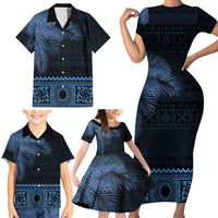 Fiji Palm Leaves Family Matching Short Sleeve Bodycon Dress and Hawaiian Shirt Masi and Tapa Tribal Pattern Blue Color LT03 - Polynesian Pride