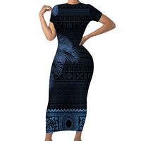 Fiji Palm Leaves Family Matching Short Sleeve Bodycon Dress and Hawaiian Shirt Masi and Tapa Tribal Pattern Blue Color LT03 Mom's Dress Blue - Polynesian Pride
