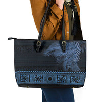 Fiji Palm Leaves Leather Tote Bag Masi and Tapa Tribal Pattern Blue Color LT03 - Polynesian Pride