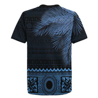 Fiji Palm Leaves Rugby Jersey Masi and Tapa Tribal Pattern Blue Color