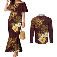 Polynesian Turtle Couples Matching Mermaid Dress and Long Sleeve Button Shirt Plumeria Hibiscus Pattern Oxblood