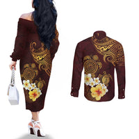 Polynesian Turtle Couples Matching Off The Shoulder Long Sleeve Dress and Long Sleeve Button Shirt Plumeria Hibiscus Pattern Oxblood