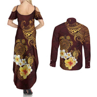 Polynesian Turtle Couples Matching Summer Maxi Dress and Long Sleeve Button Shirt Plumeria Hibiscus Pattern Oxblood