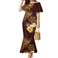 Polynesian Turtle Family Matching Mermaid Dress and Hawaiian Shirt Plumeria Hibiscus Pattern Oxblood LT03 Mom's Dress Oxblood - Polynesian Pride