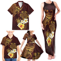 Polynesian Turtle Family Matching Tank Maxi Dress and Hawaiian Shirt Plumeria Hibiscus Pattern Oxblood