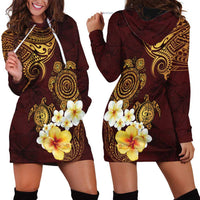 Polynesian Turtle Hoodie Dress Plumeria Hibiscus Pattern Oxblood