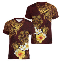 Polynesian Turtle Women V-Neck T-Shirt Plumeria Hibiscus Pattern Oxblood