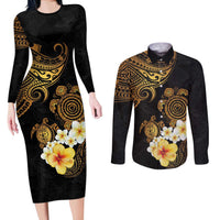 Polynesian Turtle Couples Matching Long Sleeve Bodycon Dress and Long Sleeve Button Shirt Plumeria Hibiscus Pattern Black Color