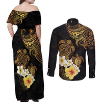 Polynesian Turtle Couples Matching Off Shoulder Maxi Dress and Long Sleeve Button Shirt Plumeria Hibiscus Pattern Black Color